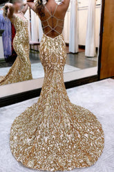 Golden Sequined Mermaid Prom Dress V Neck Evening Dress